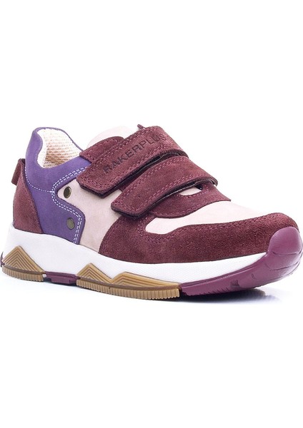 Hakiki Deri Bordo Pembe Metal Detaylı Kız Çocuk Sneakers Ayakkabı