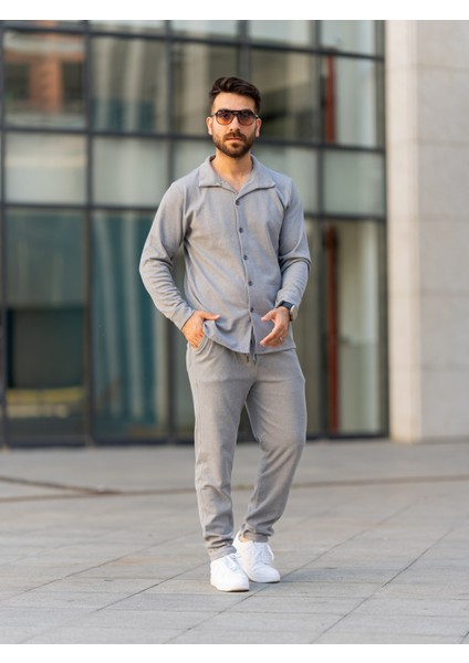 Erkek Takım, Pamuklu Jogger Pantolon ve Gömlek, Şık ve Konforlu Mevsimlik,alt Üst Takım,gri Takım