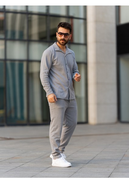 Erkek Takım, Pamuklu Jogger Pantolon ve Gömlek, Şık ve Konforlu Mevsimlik,alt Üst Takım,gri Takım