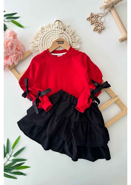 Miniğimin Cicileri Kol Kurdale Detaylı Kat Kat Etekli Kız Çocuk 2 li takım - Kırmızı