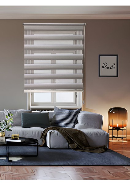 Güneş Serisi Ithal Kumaş Pliseli Gri Geçişli Zebra Stor Perde