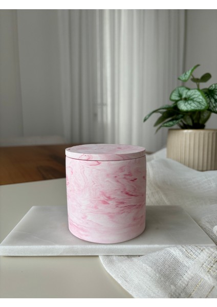 - Pembe Mermer Desenli - Beton Kapaklı - Kokulu Soya Mum / 250CC