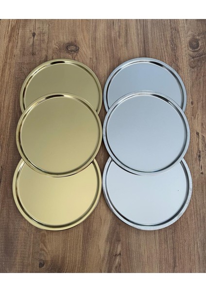 3'lü Gold + 3'lü Gümüş Paslanmaz Çelik Yuvarlak Çay Kahve Pasta Servis Tepsisi