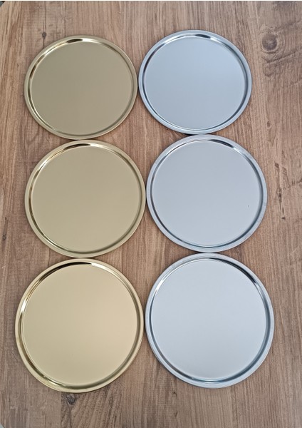 3'lü Gold + 3'lü Gümüş Paslanmaz Çelik Yuvarlak Çay Kahve Pasta Servis Tepsisi fiyatları
