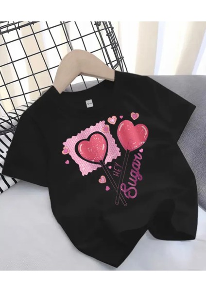 Özel Tasarım Sugar Heart Baskılı Pamuk Nefes Alan Kız Çocuk Şık T-Shırt