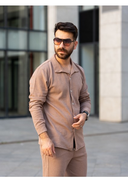 Erkek Takım, Pamuklu Jogger Pantolon ve Gömlek, Şık ve Konforlu Mevsimlik, Alt Üst Takım,kahve Takım ,kahverengi