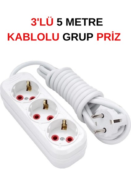 Snrelk 5 Metre 3'lü Cca Kablolu Düz Topraklı Fişli Grup Priz