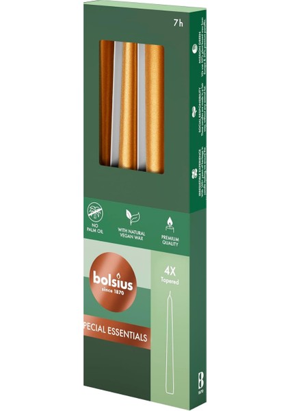 Metalik Altın Renkli Konik Mumlar 4 Paket - 24,5 cm - 7 Saat Yanan Damlamayan Mumlar - Akşam Yemeği, Parti, Düğün Dekoru Için Uzun Mum Seti