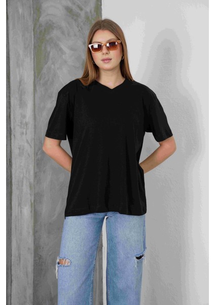 Kadın Violet Penye V Yaka T-Shirt, Geniş Kalıp Tişört modelleri