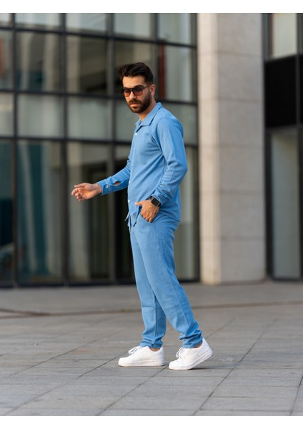 Erkek Takım, Pamuklu Jogger Pantolon ve Gömlek, Şık ve Konforlu Mevsimlik, Mavi,alt Üst Takım