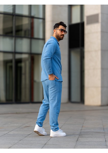 Erkek Takım, Pamuklu Jogger Pantolon ve Gömlek, Şık ve Konforlu Mevsimlik, Mavi,alt Üst Takım