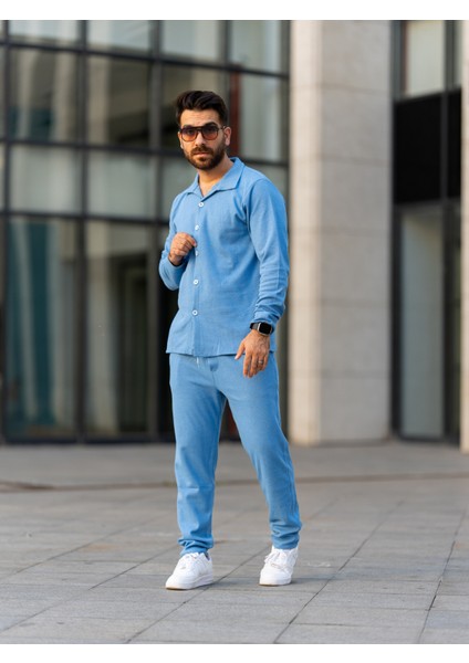 Erkek Takım, Pamuklu Jogger Pantolon ve Gömlek, Şık ve Konforlu Mevsimlik, Mavi,alt Üst Takım