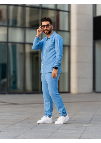 Erkek Takım, Pamuklu Jogger Pantolon ve Gömlek, Şık ve Konforlu Mevsimlik, Mavi,alt Üst Takım