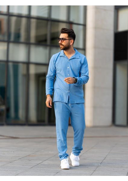 Erkek Takım, Pamuklu Jogger Pantolon ve Gömlek, Şık ve Konforlu Mevsimlik, Mavi,alt Üst Takım