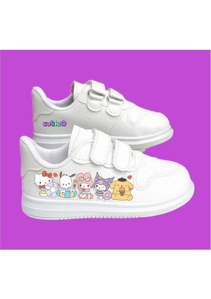 Kuromici Tatil Arkadaşları Baskılı Beyaz Bantlı Çocuk Spor Ayakkabı Sneaker