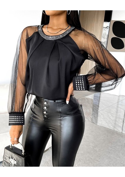 Uzun Kollu Bisiklet Yaka Taşlı Kol Tül Detaylı Sandy Bluz JB31756852 modelleri