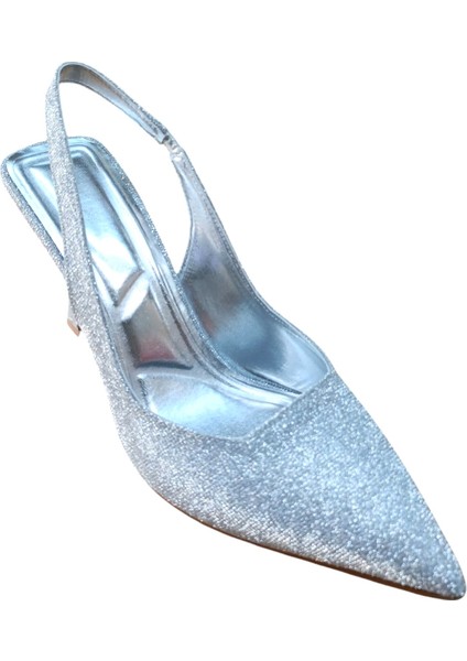 Şiko 806 Kadın Kadeh Ökçe Arka Açık Simli Stiletto Ayakkabı Gümüş Simli