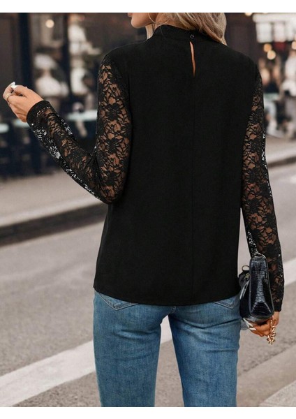 Uzun Dantel Kollu Damla Detay Yakalı Ithal Krep Bluz JB262525241 fırsatları