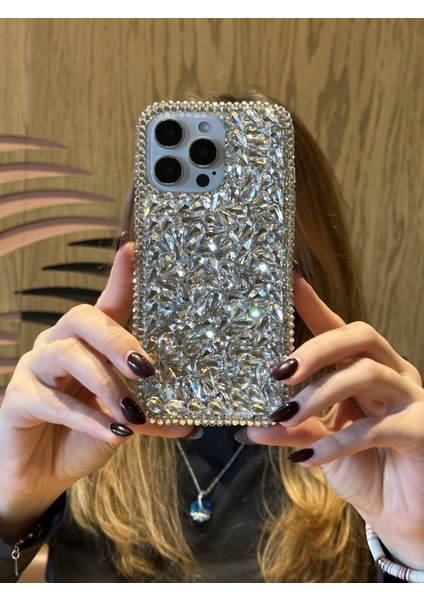 Apple iPhone 13 Pro Max Uyumlu Lüks Gümüş Kristal Taşlı Kılıf