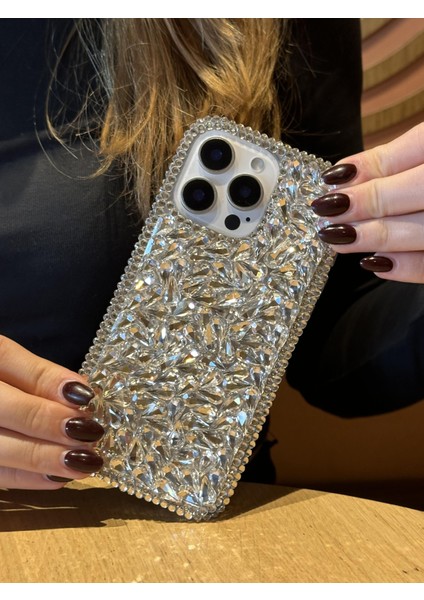 Apple iPhone 13 Pro Max Uyumlu Lüks Gümüş Kristal Taşlı Kılıf
