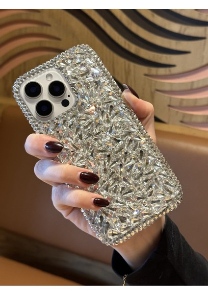 Apple iPhone 13 Pro Max Uyumlu Lüks Gümüş Kristal Taşlı Kılıf