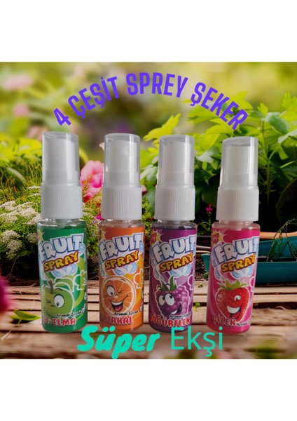 Sprey Meyve Suyu Sprey Şeker Süper Ekşi Çilek-Portakal-Böğürtlen-Yeşil Elma 4 Adet Fruit Spray