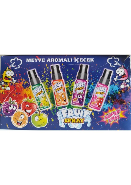 Sprey Meyve Suyu Sprey Şeker Süper Ekşi Çilek-Portakal-Böğürtlen-Yeşil Elma 4 Adet Fruit Spray