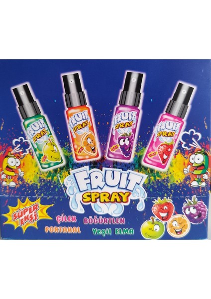 Sprey Meyve Suyu Sprey Şeker Süper Ekşi Çilek-Portakal-Böğürtlen-Yeşil Elma 4 Adet Fruit Spray