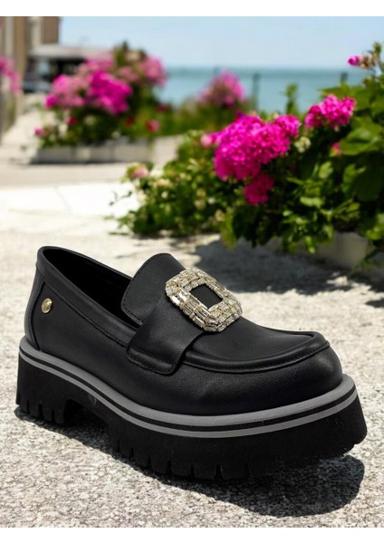 D25YA-3855 Siyah Kadın Loafer Deri Tam Ortopedik Casual Günlük Ayakkabı