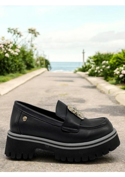D25YA-3855 Siyah Kadın Loafer Deri Tam Ortopedik Casual Günlük Ayakkabı