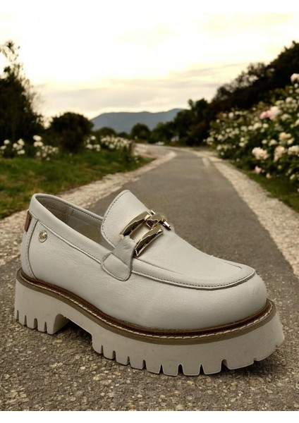 D25YA-3695 Krem Kadın Loafer Deri Tam Ortopedik Casual Günlük Ayakkabı