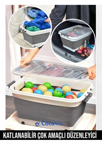 Büyük Boy Kapaklı Katlanabilir-Tekerlekli Çok Amaçlı Organizer / Çamaşır-Oyuncak Sepeti/ ( 30 Litre)