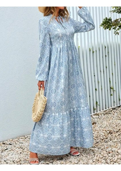 Desenli Uzun Kollu Bohem Tarz Maxi Elbise