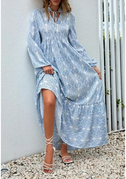 Desenli Uzun Kollu Bohem Tarz Maxi Elbise modelleri