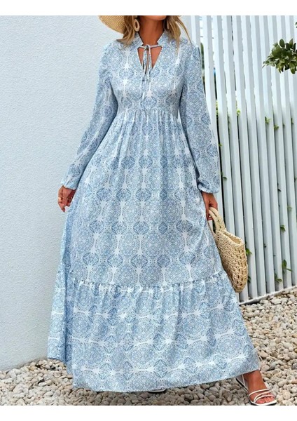 Desenli Uzun Kollu Bohem Tarz Maxi Elbise fırsatları