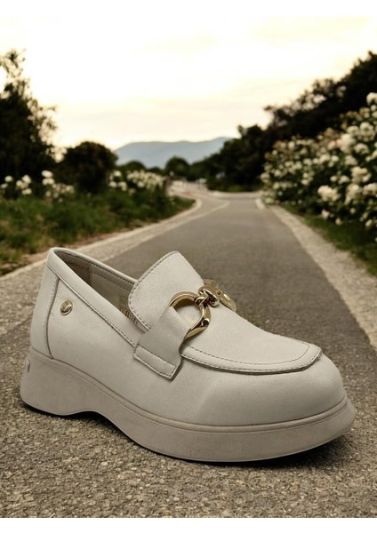 D25YA-3615 Krem Kadın Loafer Deri Tam Ortopedik Casual Günlük Ayakkabı