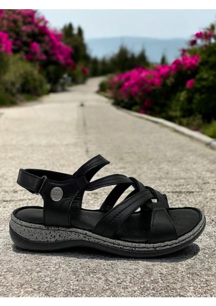 D25YS-2530 Siyah Hakiki Deri Tam Ortopedik Kadın Günlük Sandalet fiyatları