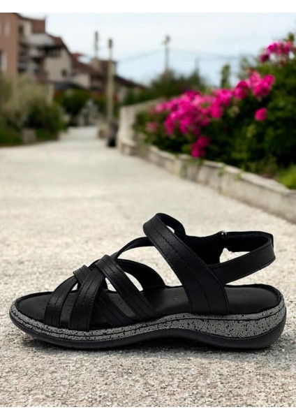 D25YS-2530 Siyah Hakiki Deri Tam Ortopedik Kadın Günlük Sandalet modelleri