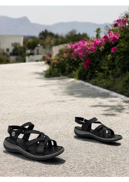 D25YS-2530 Siyah Hakiki Deri Tam Ortopedik Kadın Günlük Sandalet fırsatları