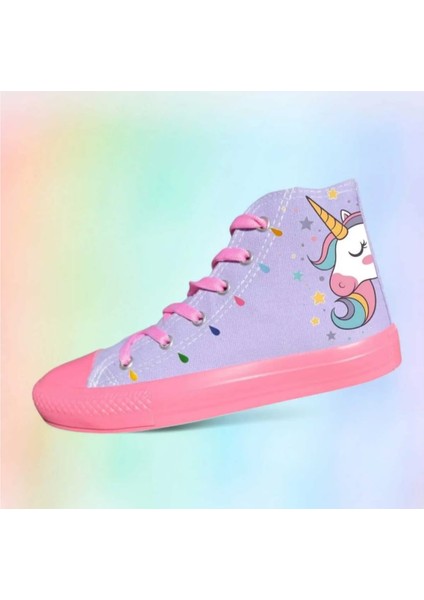 Lila Pembe Taban Unicorn Baskılı Çocuk Spor Ayakkabı Sneaker