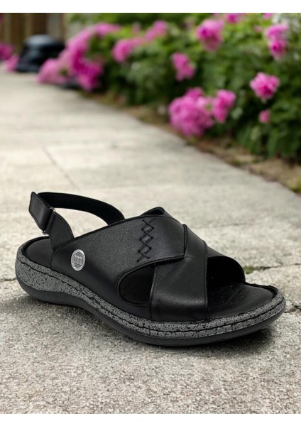 D25YS-2525 Siyah Hakiki Deri Tam Ortopedik Kadın Günlük Sandalet