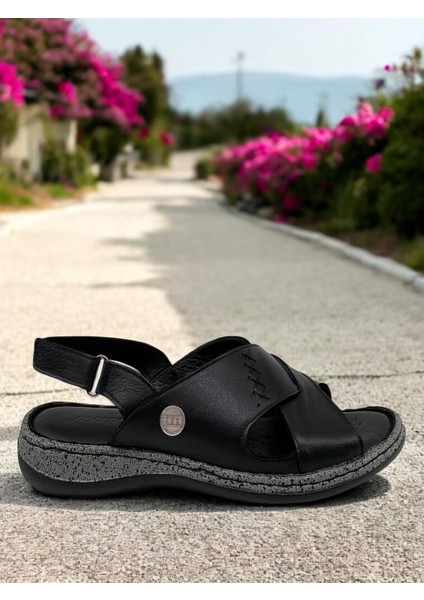 D25YS-2525 Siyah Hakiki Deri Tam Ortopedik Kadın Günlük Sandalet fiyatları