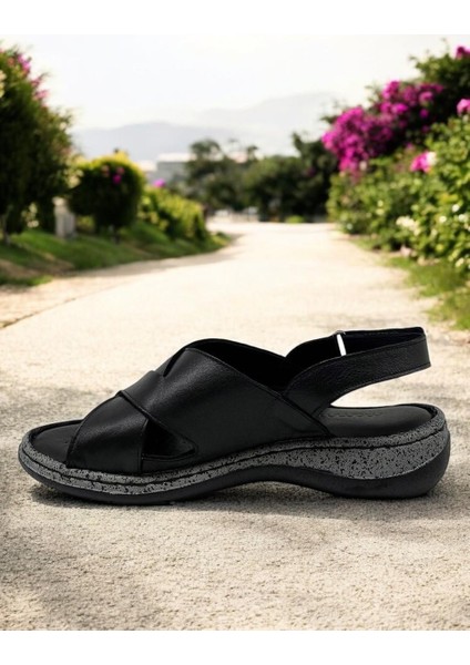 D25YS-2525 Siyah Hakiki Deri Tam Ortopedik Kadın Günlük Sandalet modelleri