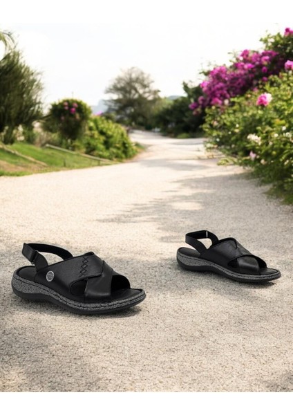 D25YS-2525 Siyah Hakiki Deri Tam Ortopedik Kadın Günlük Sandalet fırsatları