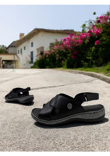 D25YS-2525 Siyah Hakiki Deri Tam Ortopedik Kadın Günlük Sandalet indirimleri