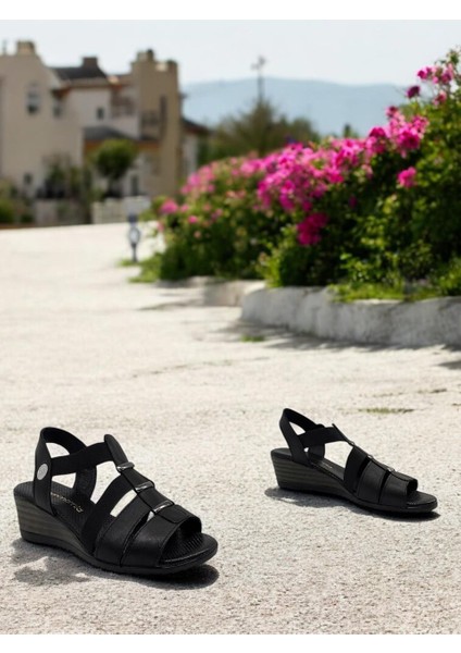 D25YS-2735 Siyah Hakiki Deri Tam Ortopedik Kadın Günlük Sandalet fırsatları