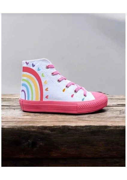 Beyaz Keten Pembe Taban Rainbow Baskılı Çocuk Spor Ayakkabı Sneaker