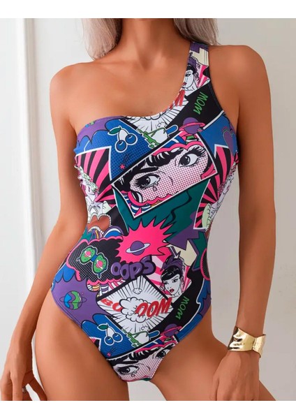 Renkli Pop-Art Desenli Tek Omuz Mayo modelleri