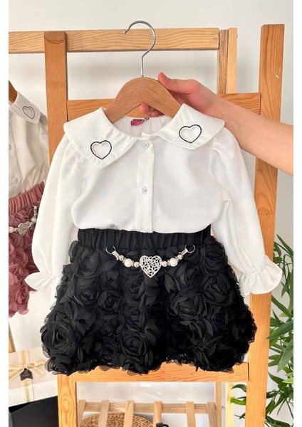 Gül Dokulu Yaka Kalp Detaylı Kız Çocuk 2 li takım - Siyah