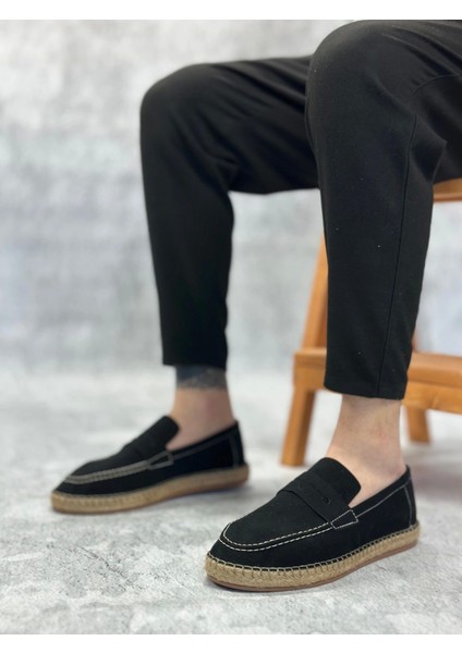 SBO0359 Boa Doğal Deri Tozu Bağcıksız Kauçuk El Yapımı Espadril Taban Siyah Renk Erkek Ayakkabı fırsatları